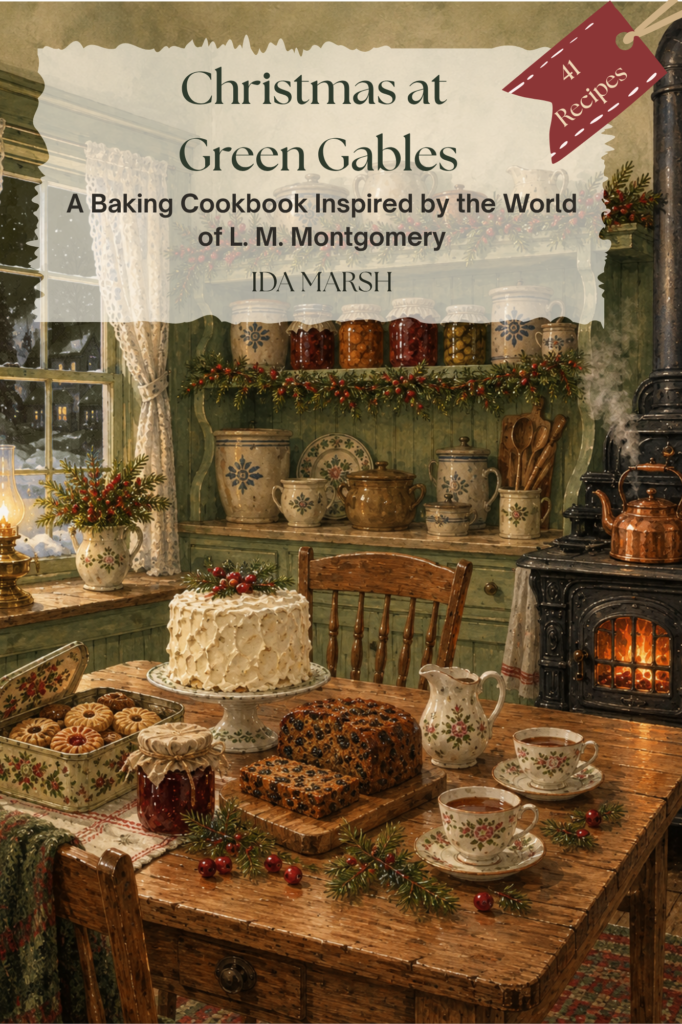 Christmas-at-Green-Gables
Detailed watercolor painting of a green-painted farmhouse kitchen at Christmas, Prince Edward Island, late 1800s. Large wooden table in the center set with a tall white-iced Christmas cake, a dark fruitcake with two slices cut on a board, an open tin of cookies, a jar of preserve tied with cloth and string, mismatched floral teacups and a cream jug