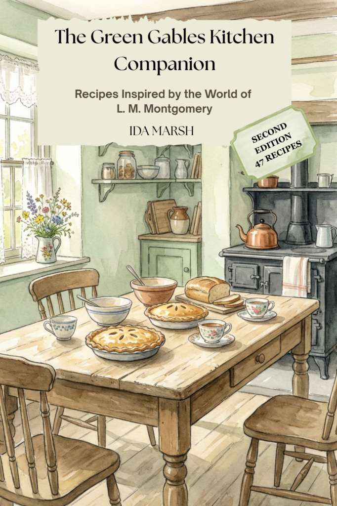 Green-Gables-Kitchen-Companion 
Detailed watercolor painting of a charming green-painted farmhouse kitchen inspired by Prince Edward Island, late 1800s. Large wooden table in the center, partially set with pies, bread loaves, and teacups.