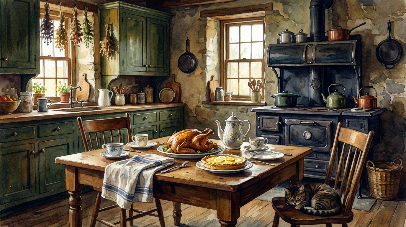 Watercolor of a late 19th-century Canadian farmhouse kitchen interior. Wooden table set with roast chicken, lemon pie, tea service, and folded linen. Green cabinetry and rustic stove in background.