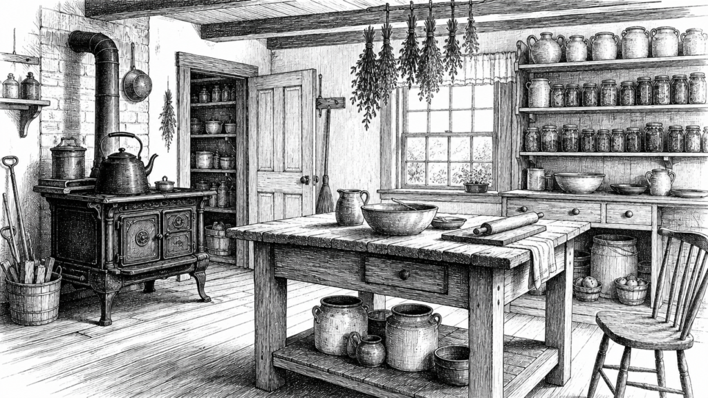 Black and white ink line drawing of a late 19th-century Prince Edward Island farmhouse kitchen.